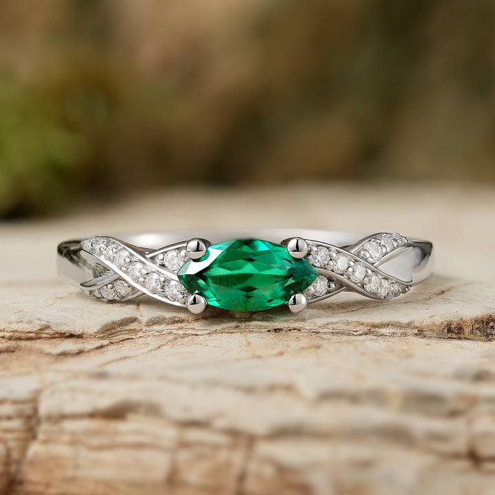 Straight Marquise Cut Emerald and Moissanite Mobius Wedding Band - Iver Jewelry