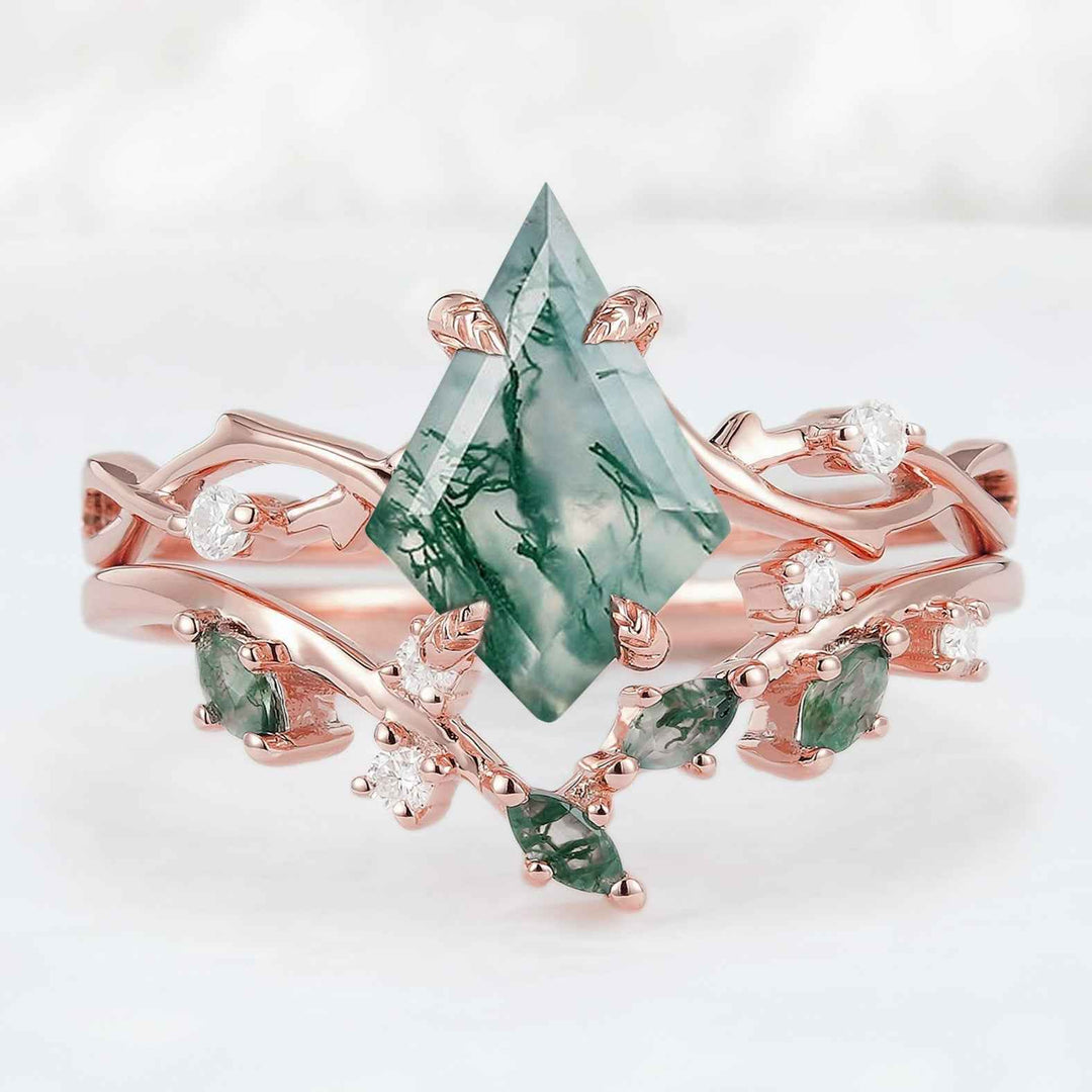 Unique Kite Cut Moss Agate Leaf and Vine Gemstone Ring Set 2pcs