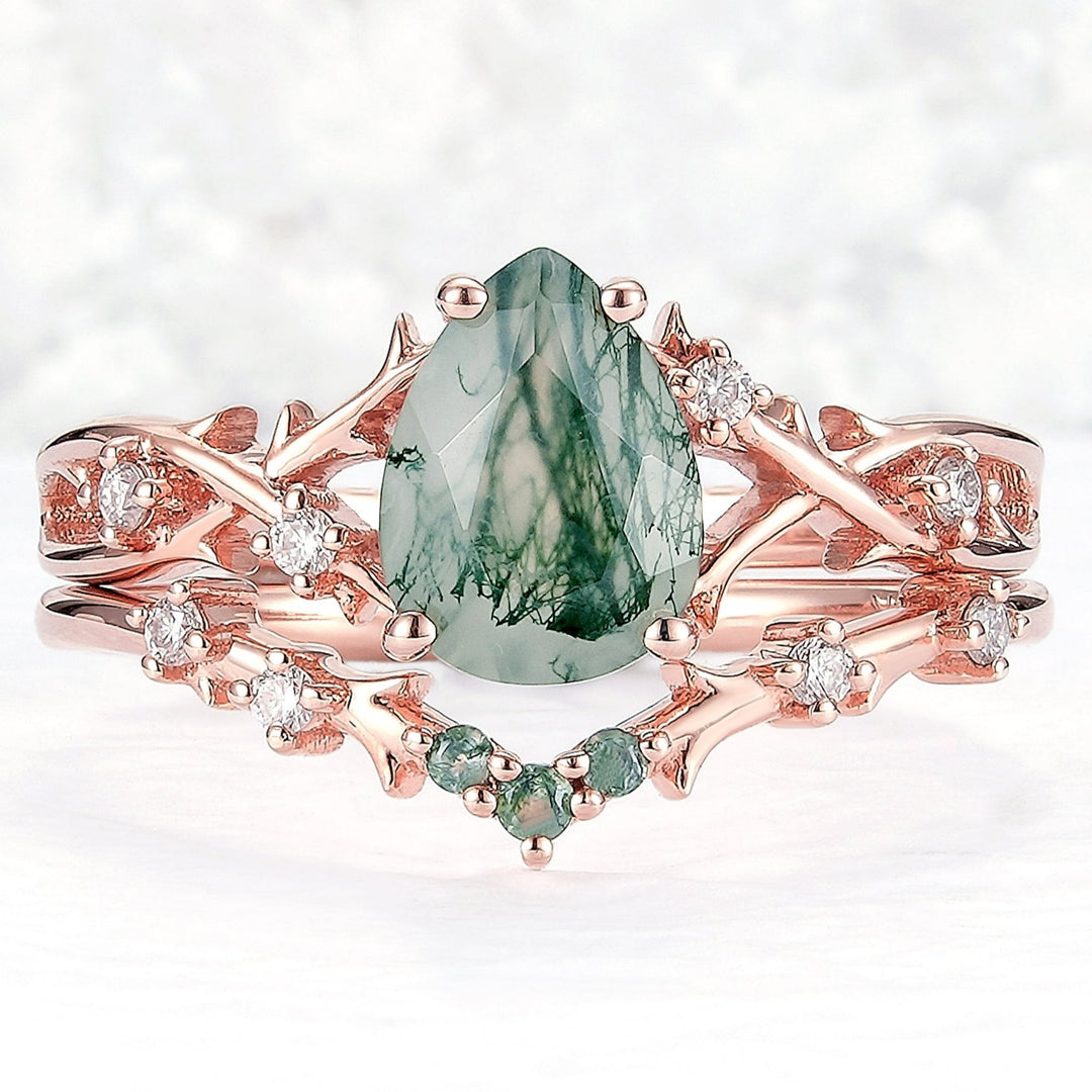 Unique Pear Cut Moss Agate Moissanite Vine Ring Set 2pcs