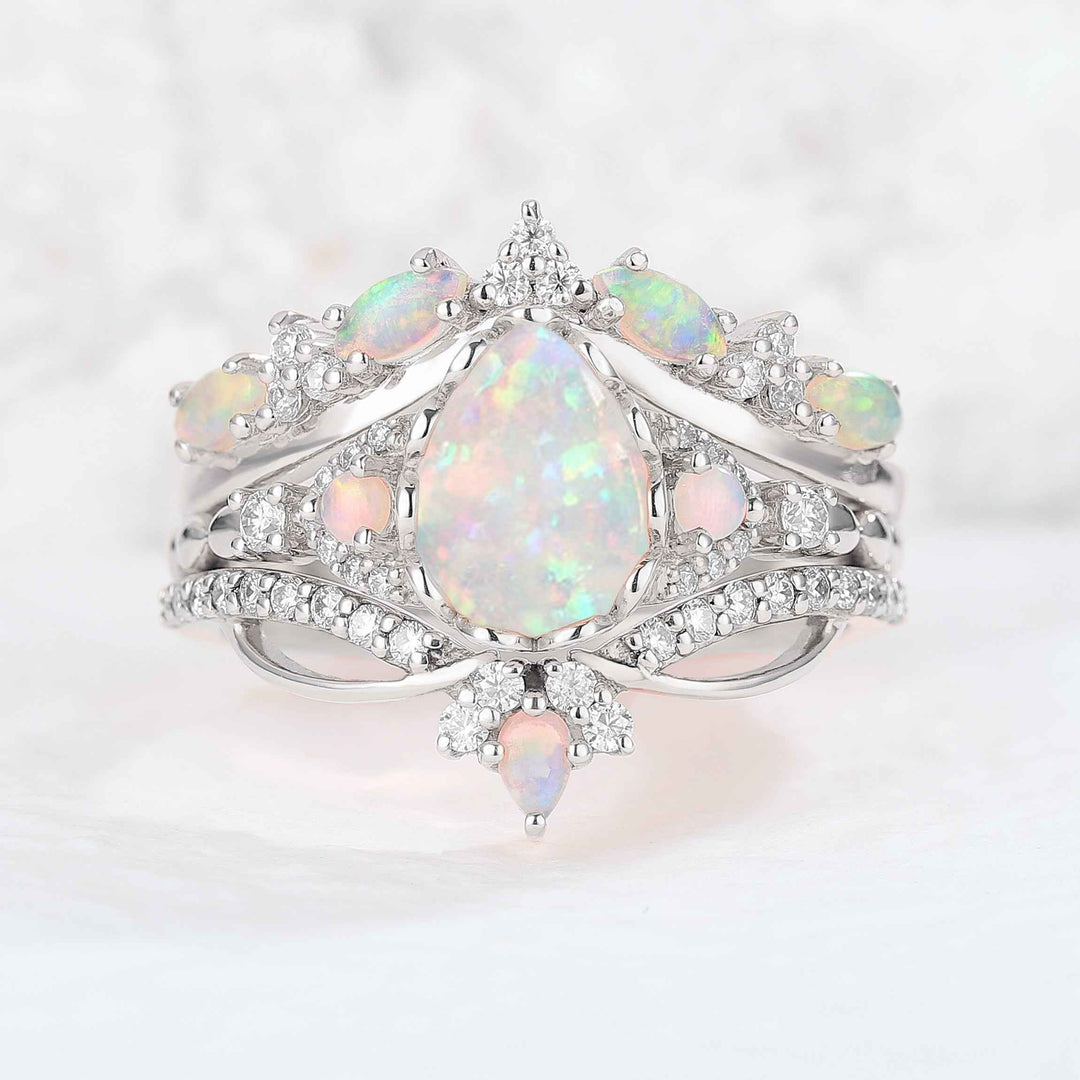Nature Pear Shaped Opal Vine Handmade Ring Set 3pcs