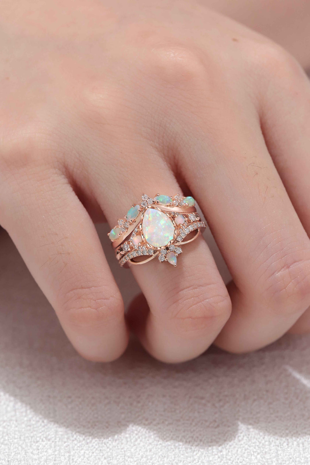 Nature Pear Cut Opal Vine Handmade Gemstone Ring Set 3pcs