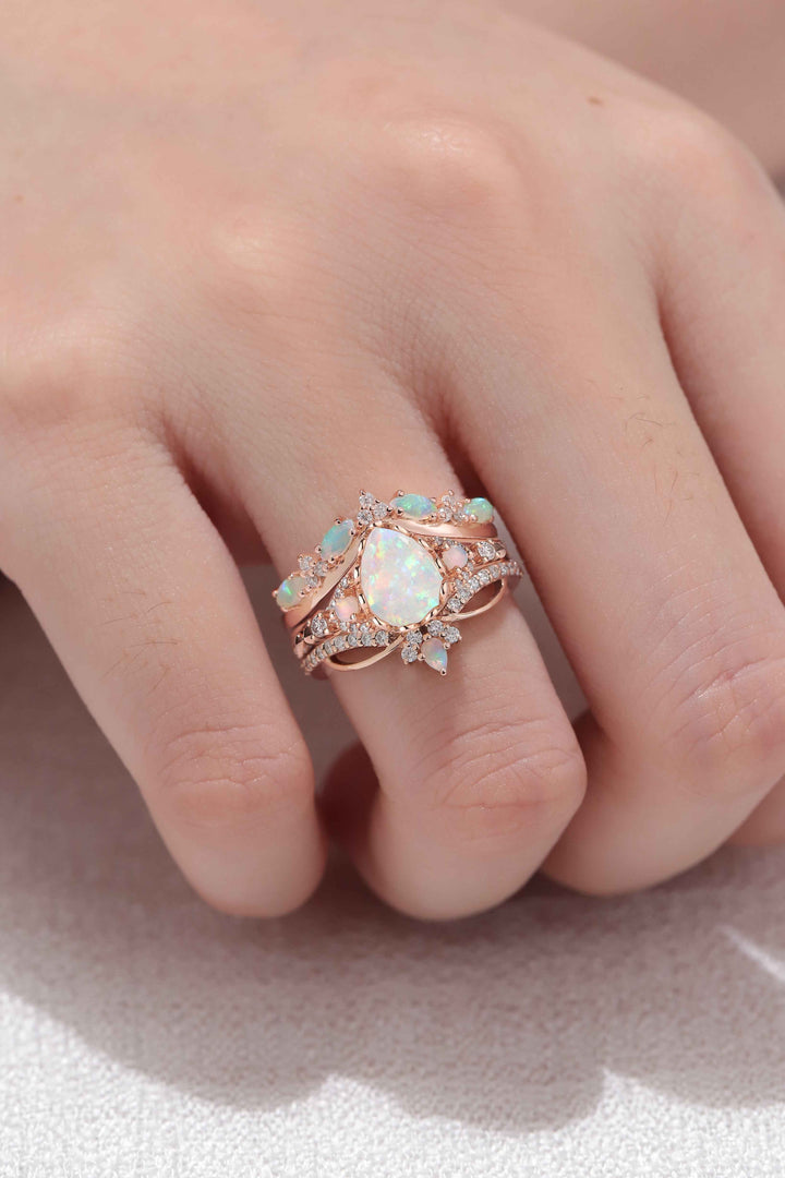 Nature Pear Cut Opal Vine Handmade Gemstone Ring Set 3pcs
