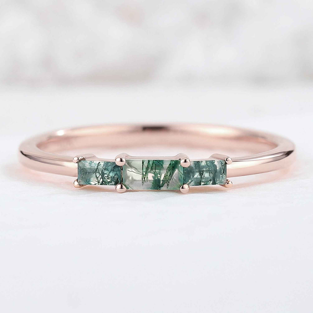 Baguette Shaped Moss Agate Three Stone Bridal Ring
