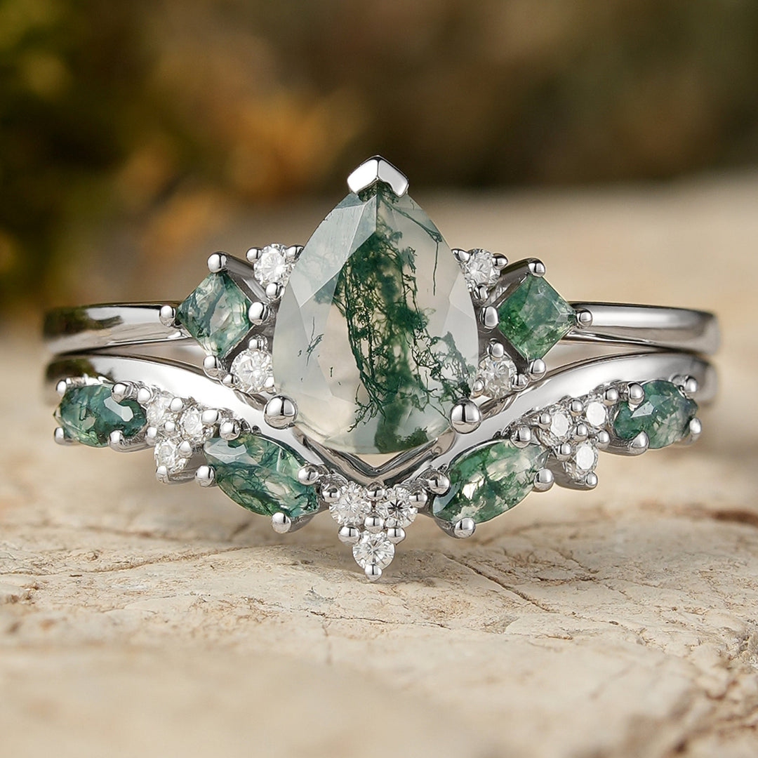 Cluster Pear Cut Moss Agate Seven Stones Ring 2pcs - Iver Jewelry