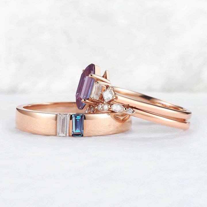 Mens One Stone Wedding Band with Kite Cut Alexandrite Inlay