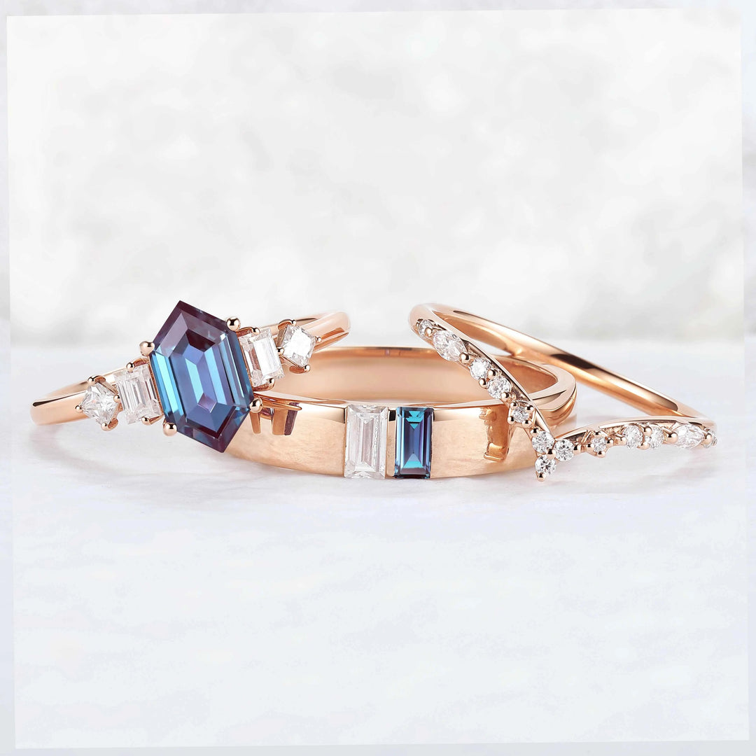 Mens One Stone Wedding Band with Kite Cut Alexandrite Inlay
