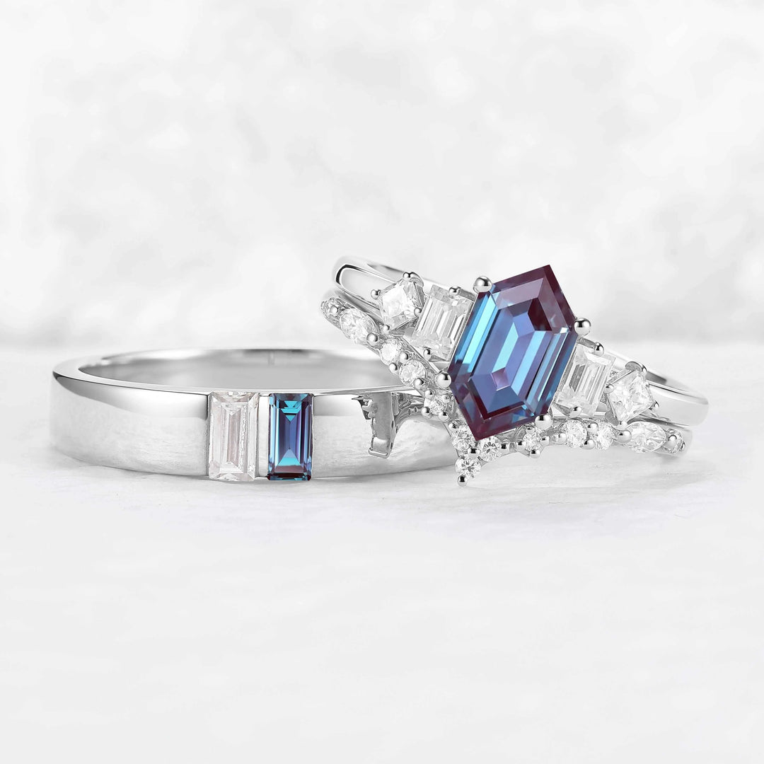 Mens One Stone Wedding Band with Kite Cut Alexandrite Inlay