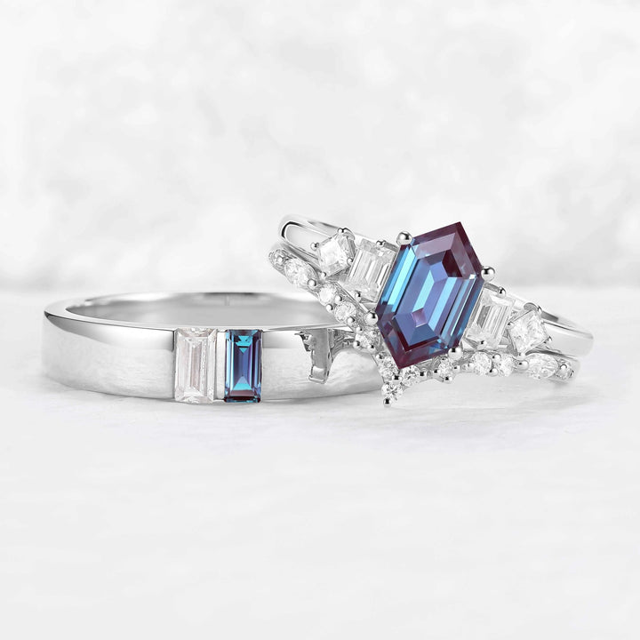 Mens One Stone Wedding Band with Kite Cut Alexandrite Inlay