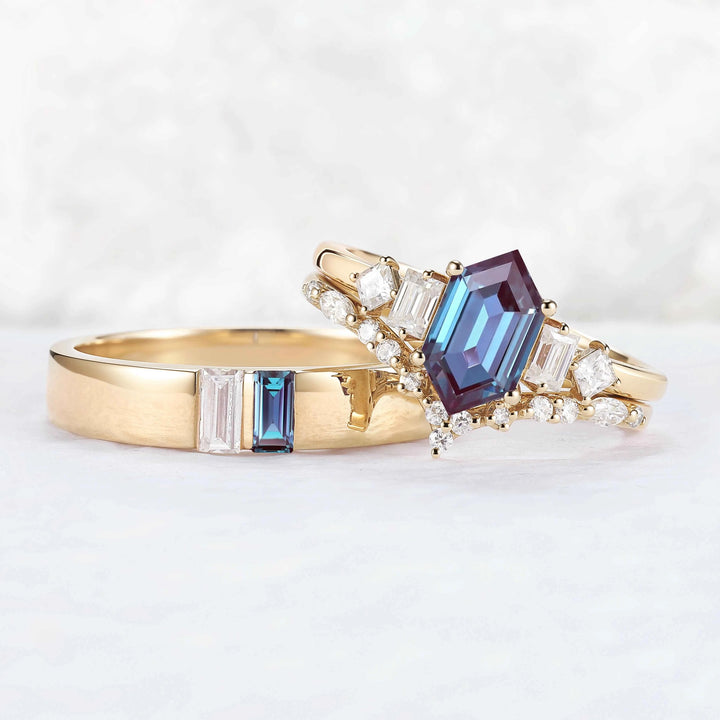 Mens One Stone Wedding Band with Kite Cut Alexandrite Inlay