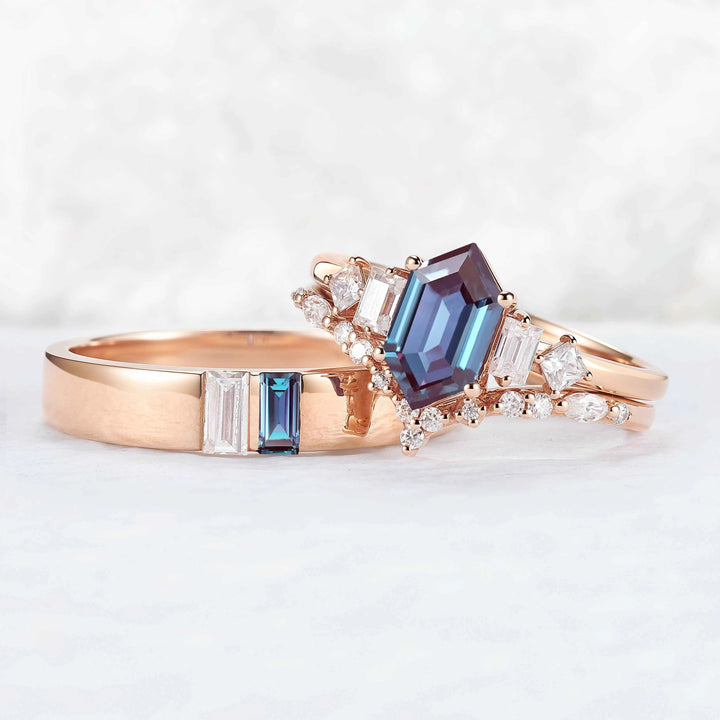 Mens One Stone Wedding Band with Kite Cut Alexandrite Inlay