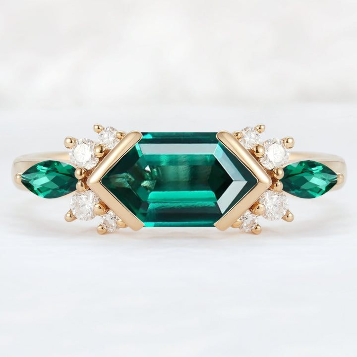 Cluster Hexagon Cut Emerald Bezel 14K Yellow Gold  Engagement Ring