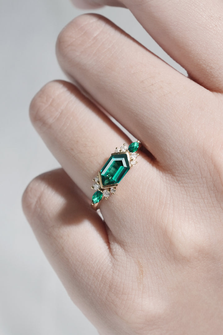 Cluster Hexagon Cut Emerald Bezel 14K Yellow Gold  Engagement Ring