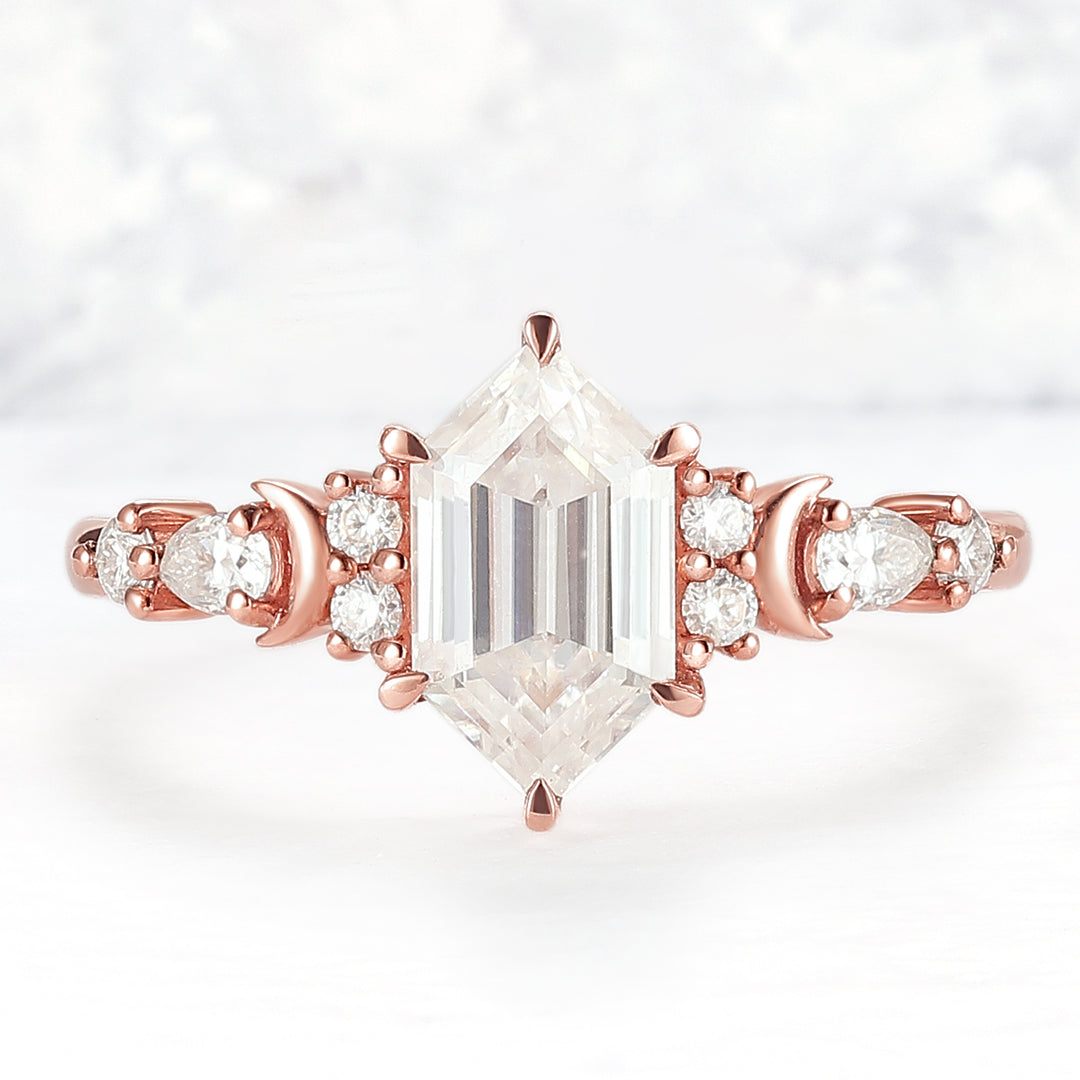 Cluster Hexagon Cut Moissanite Moon Gemstone Ring - Iver Jewelry