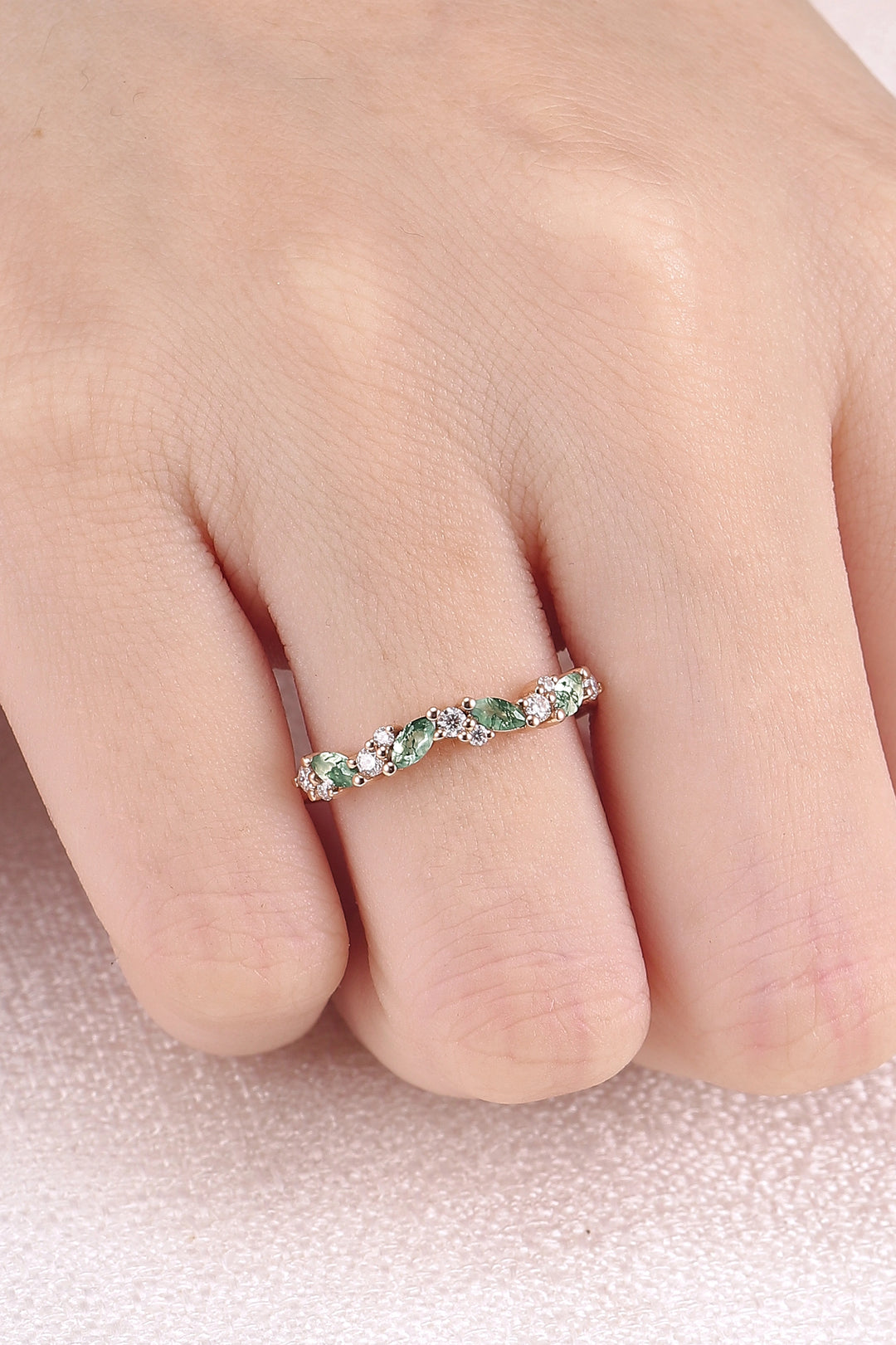 Cluster Marquise Cut Moss Agate and Round Moissanite Straight Ring