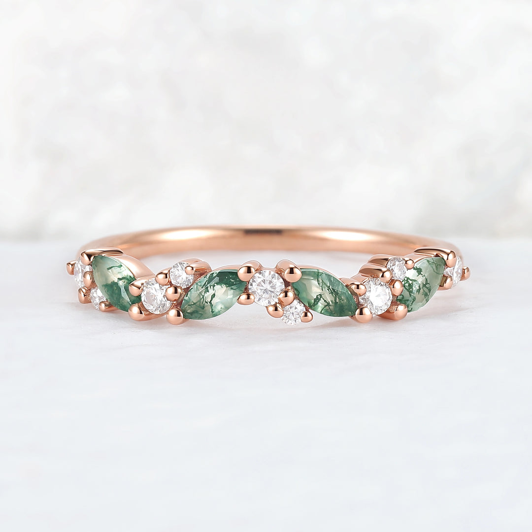 Cluster Marquise Cut Moss Agate and Round Moissanite Straight Ring