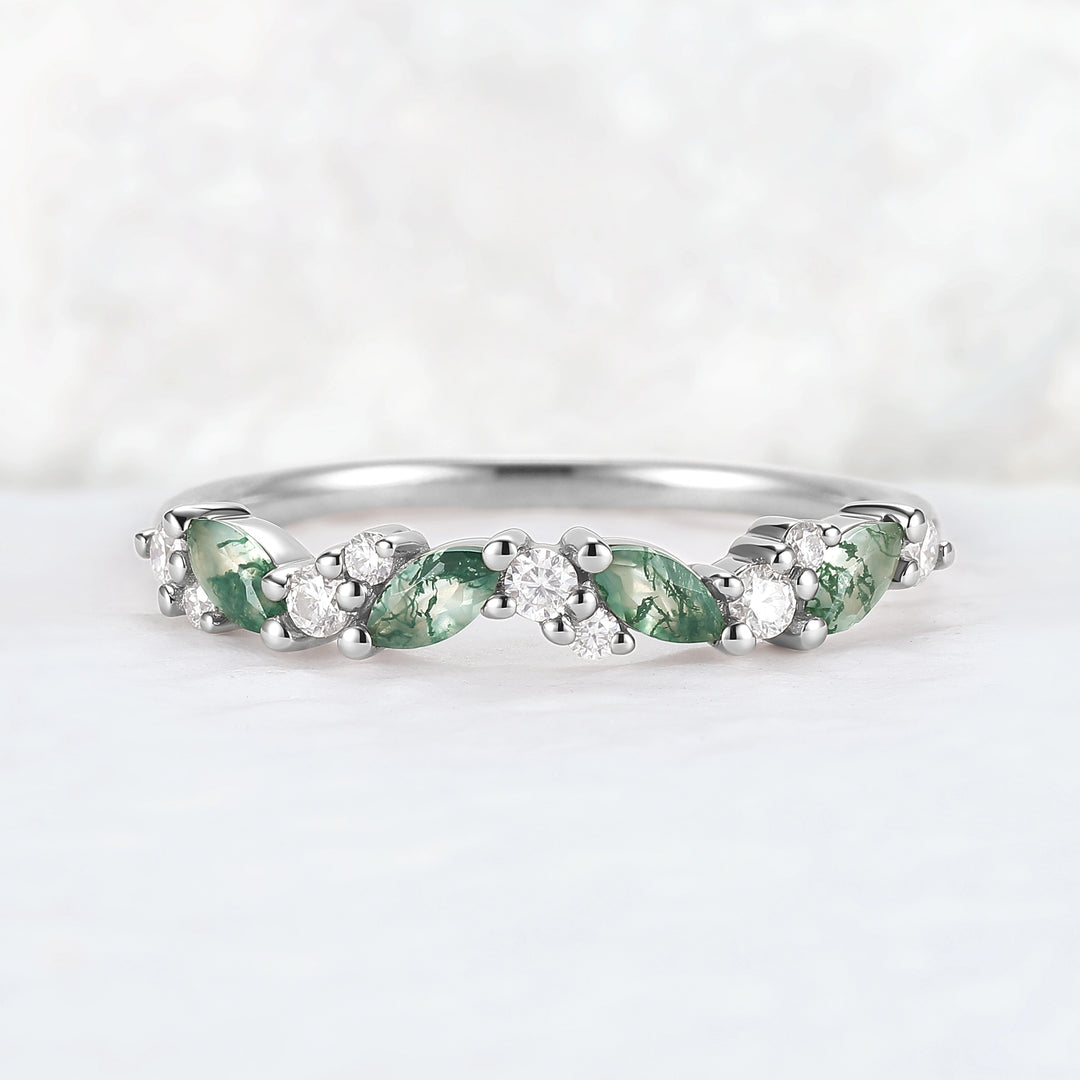 Cluster Marquise Cut Moss Agate and Round Moissanite Straight Ring