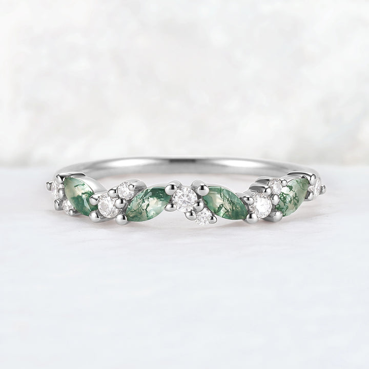 Cluster Marquise Cut Moss Agate and Round Moissanite Straight Ring