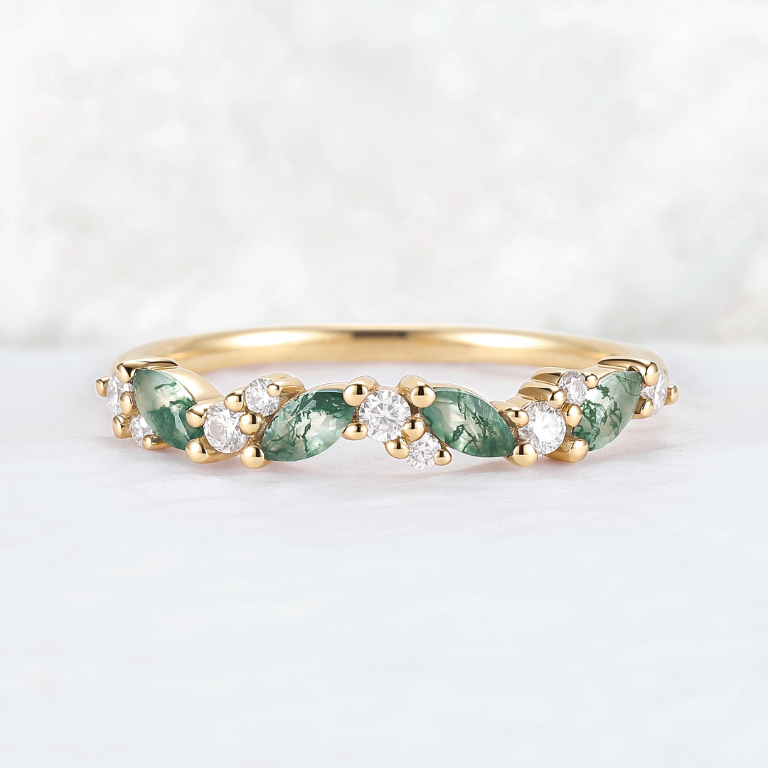Cluster Marquise Cut Moss Agate and Round Moissanite Straight Ring