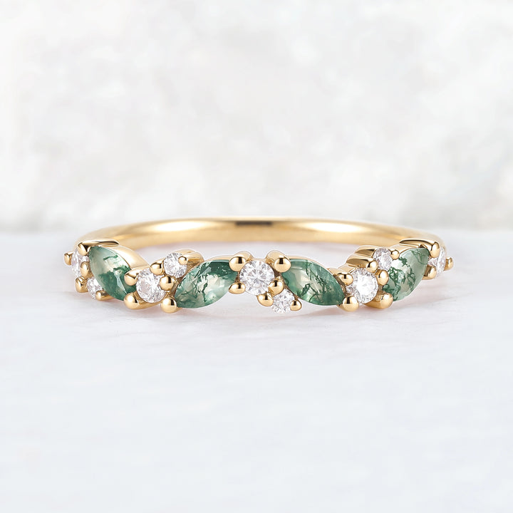 Cluster Marquise Cut Moss Agate and Round Moissanite Straight Ring