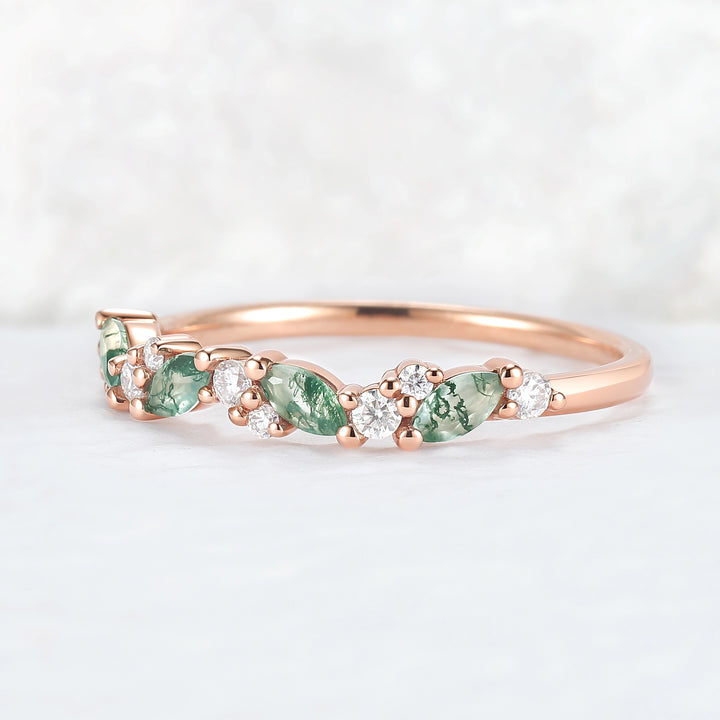 Cluster Marquise Cut Moss Agate and Round Moissanite Straight Ring