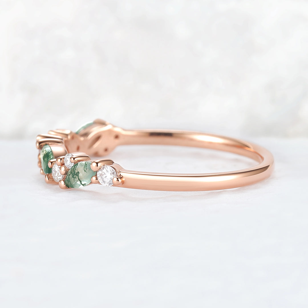 Cluster Marquise Cut Moss Agate and Round Moissanite Straight Ring