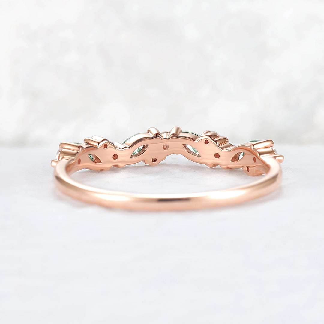 Cluster Marquise Cut Moss Agate and Round Moissanite Straight Ring