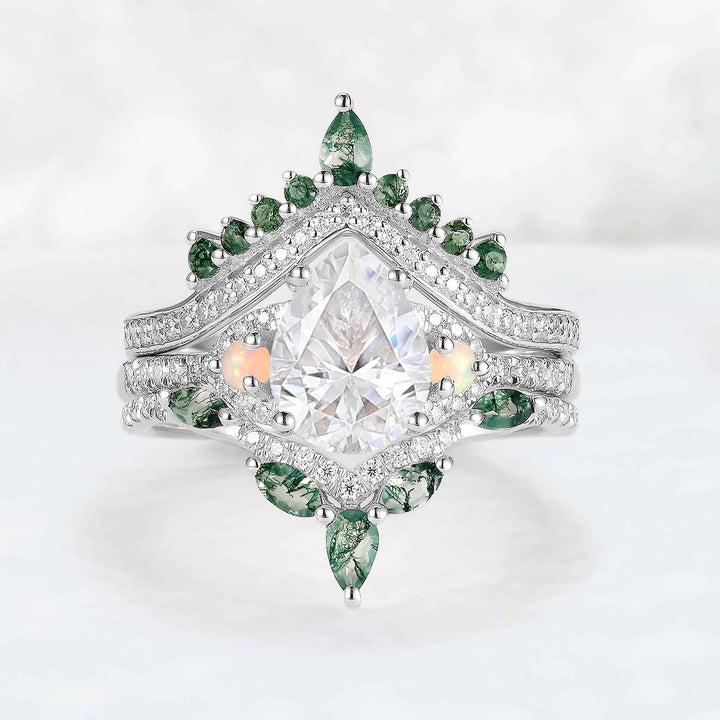 Unique Pear Shaped Moissanite Half Enternity Engagement Ring Set 3pcs