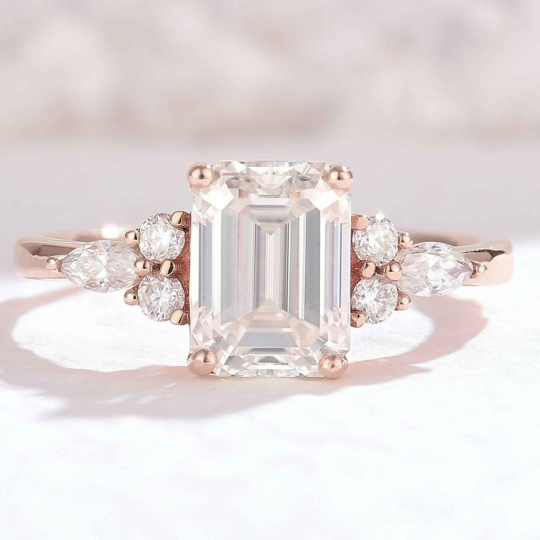 Emerald Cut Moissanite Cluster Gemstone Ring