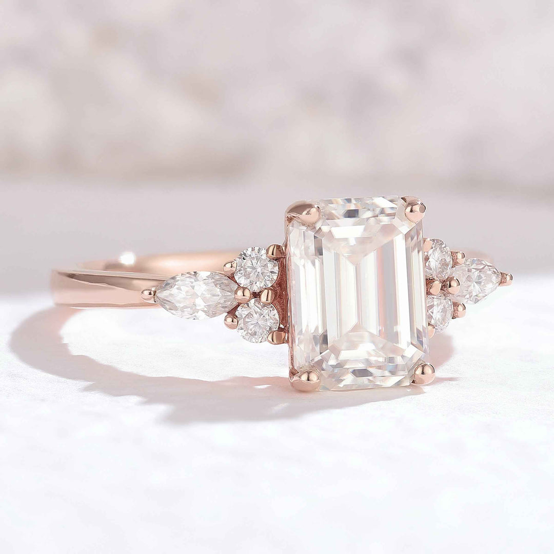 Emerald Cut Moissanite Cluster Gemstone Ring