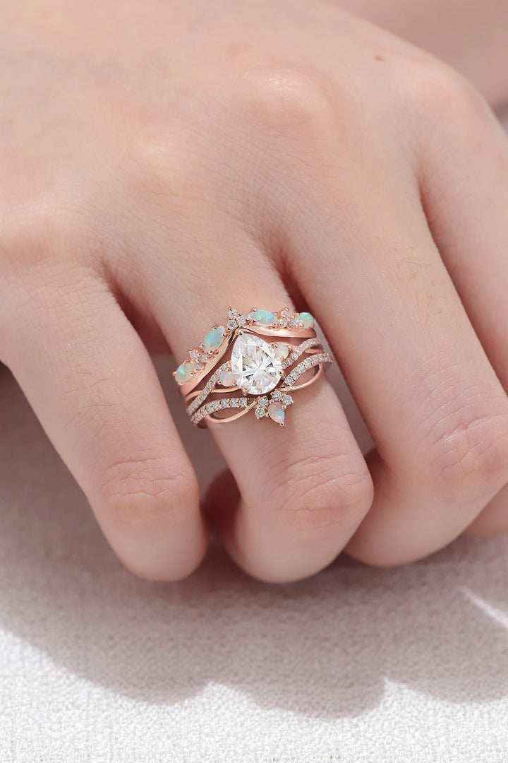 Nature Oval Shaped Moissanite Vine Handmade Ring Set 3pcs - Iver Jewelry