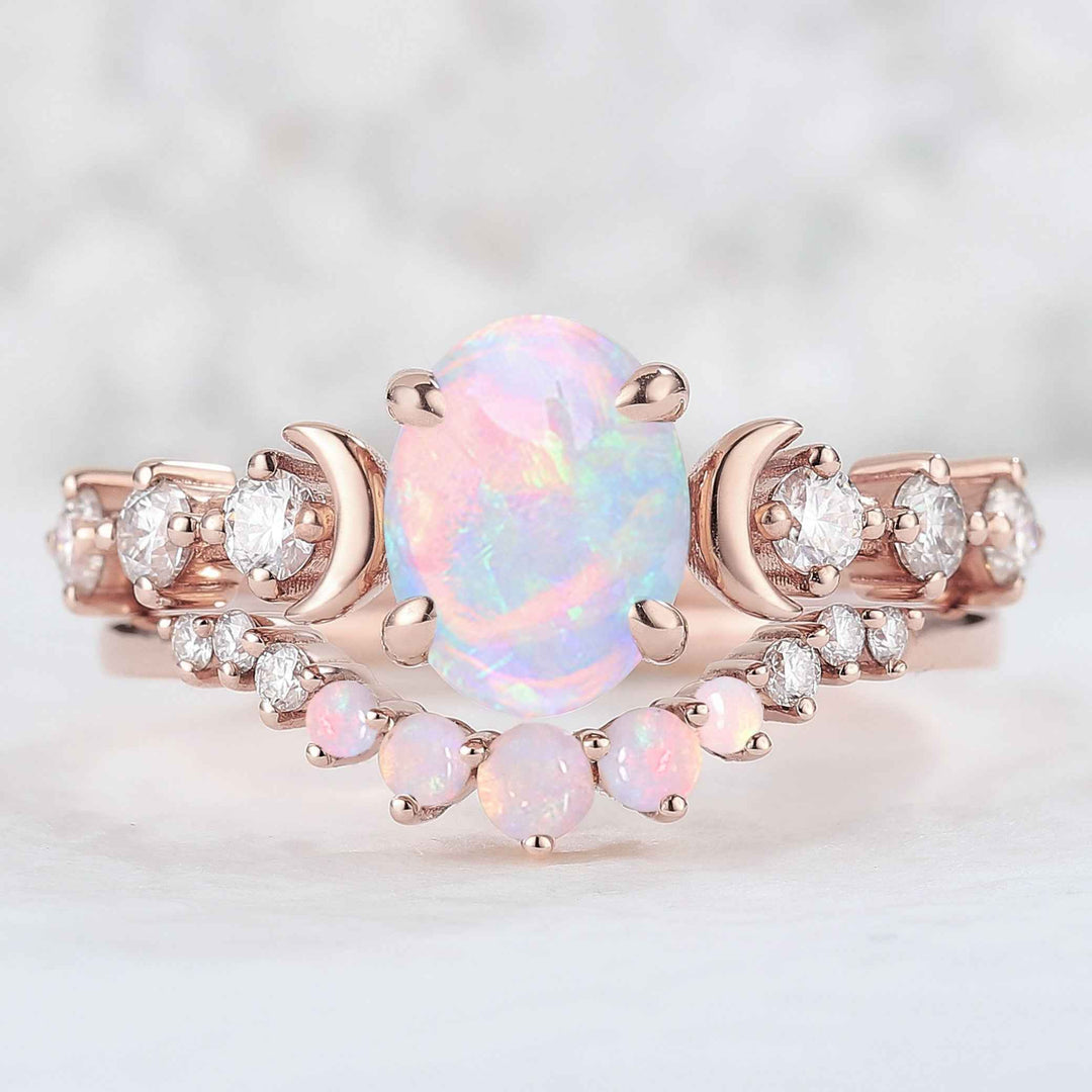 IverJewelry Oval Opal Moon Seven Stone Engagement Ring Set 2pcs