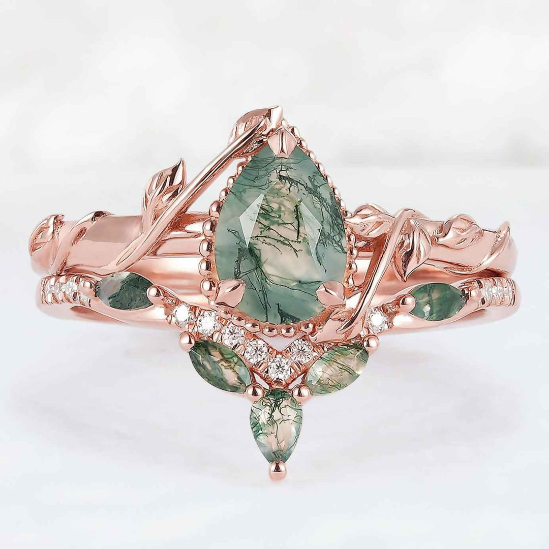 Iver Jewelry Nature Pear Shaped Moss Agate Leaf Gemstone Ring Set 2pcs