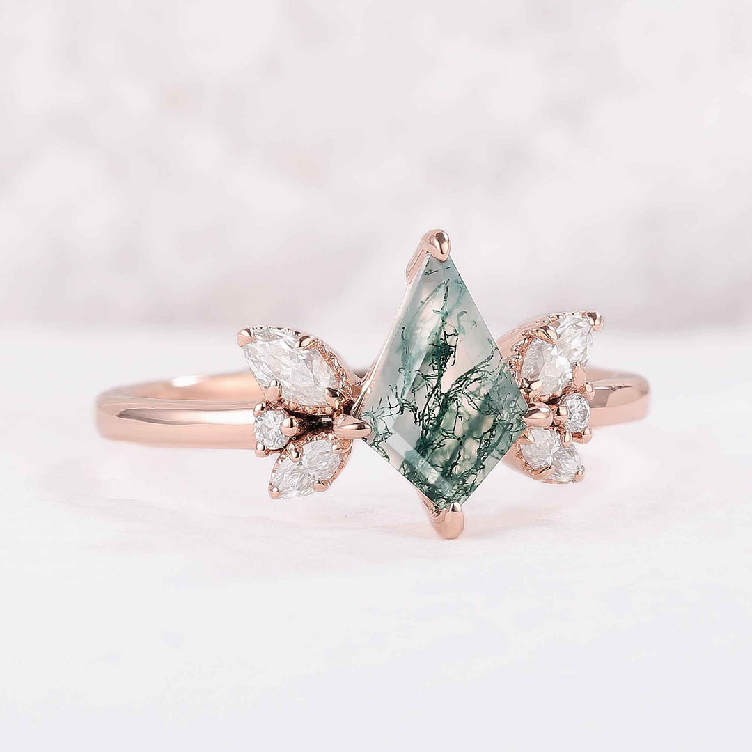 Unique kite Cut Moss Agate Art Decor Engagement Ring