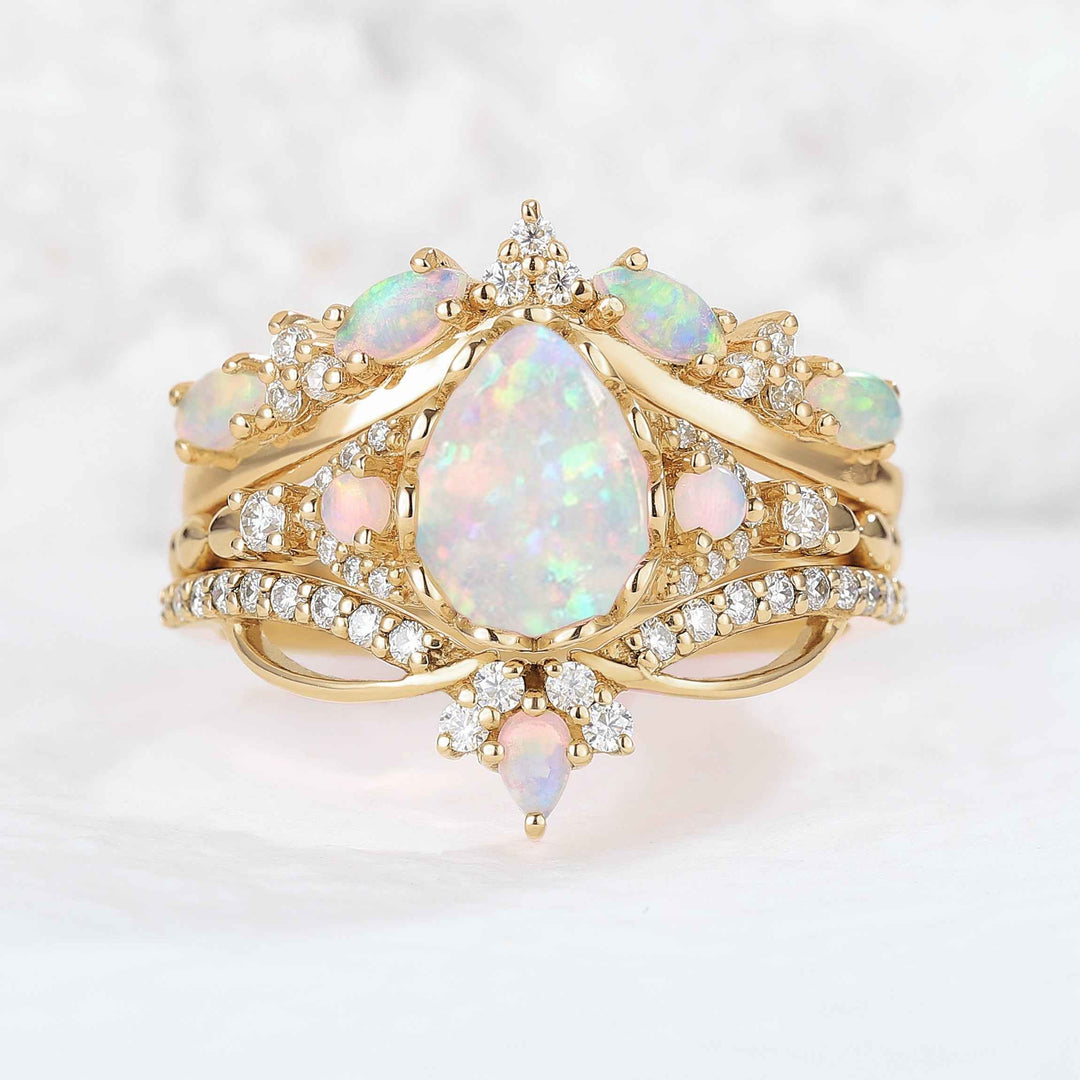 Nature Pear Shaped Opal Vine Handmade Ring Set 3pcs