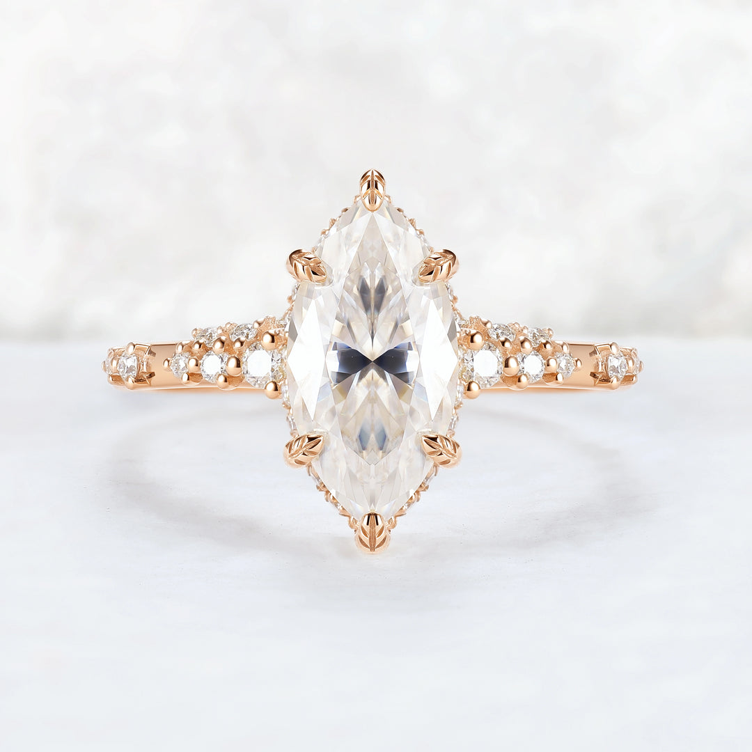 Leaf Claw Inlay Marquise Cut Moissanite Gemstone Ring