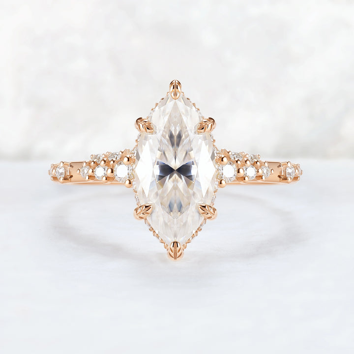 Leaf Claw Inlay Marquise Cut Moissanite Gemstone Ring