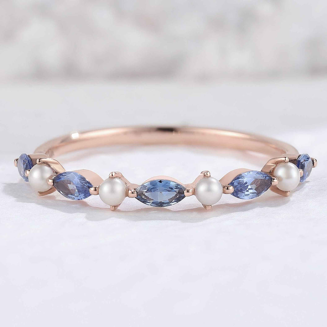 IverJewelry Marquise Cut Cornflower Sapphire Pearl Bridal Ring