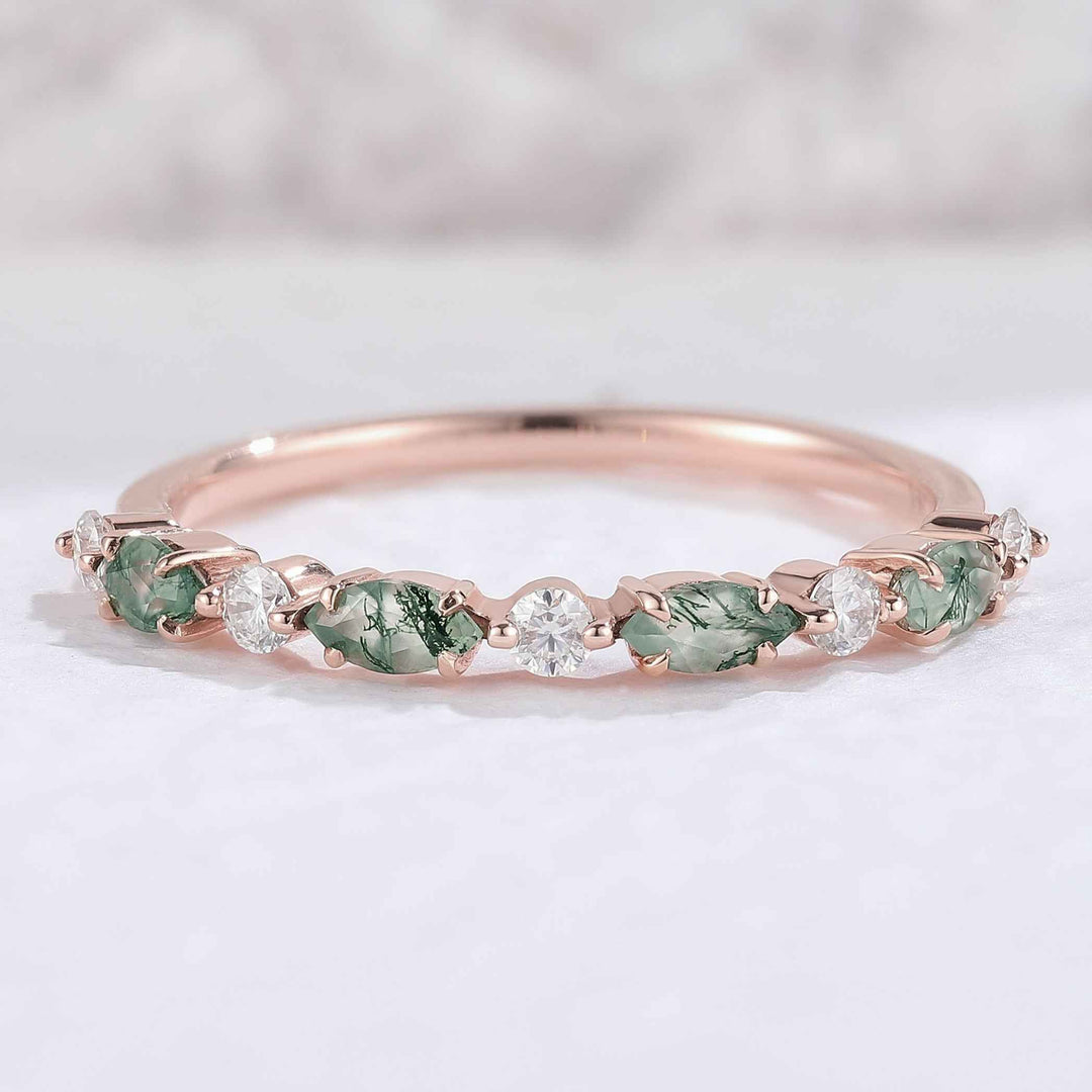Marquise Cut Moss Agate Half Enternity Wedding Band