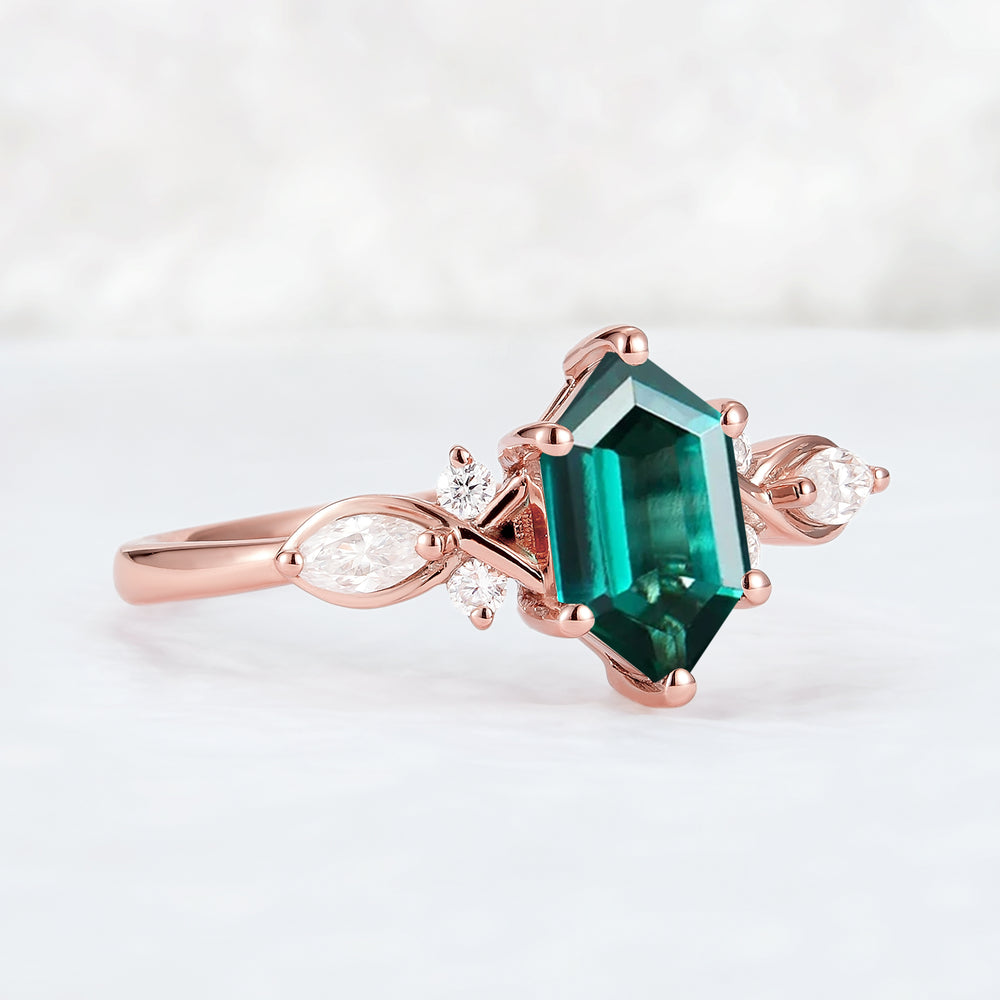 Nature Hexagon Cut Emerald Five Stone Engagement Ring - Iver Jewelry