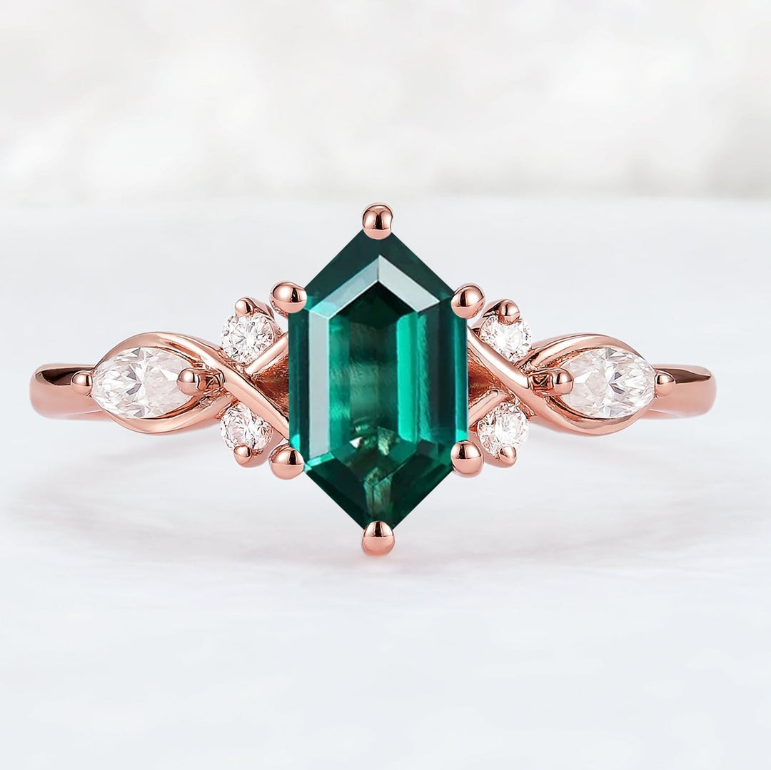 Nature Hexagon Cut Emerald Five Stone Engagement Ring-1