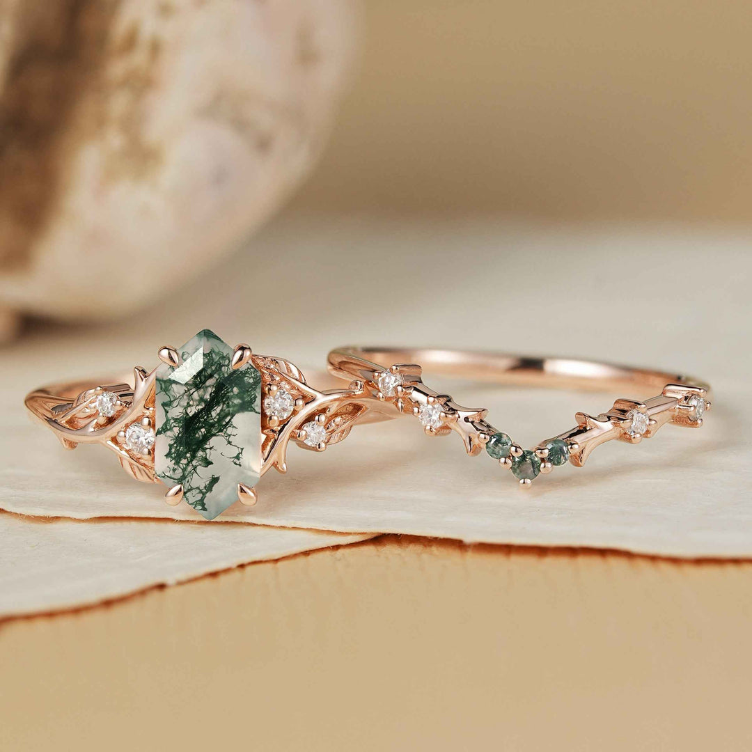 Nature Hexagon Cut Moss Agate Twig Ring Set 2pcs