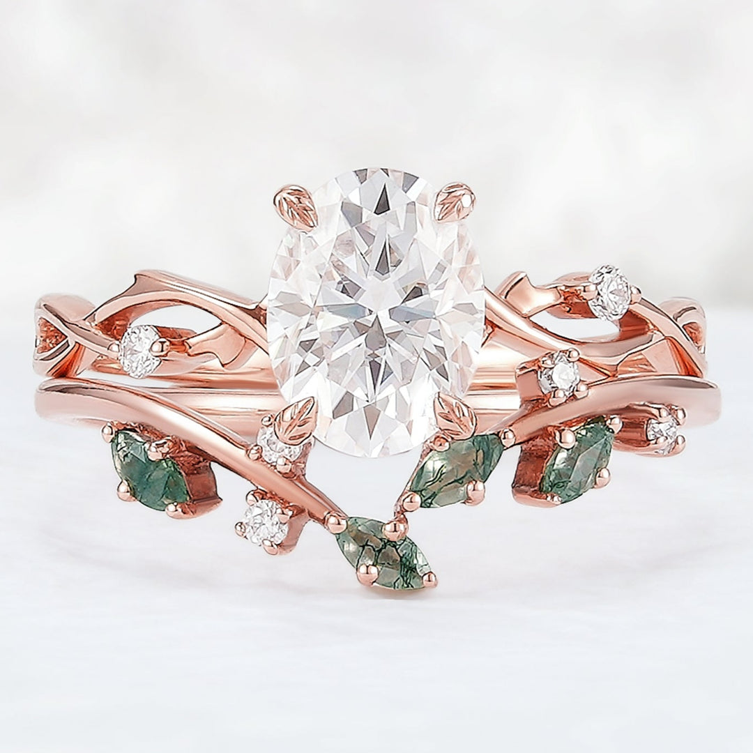 Nature Insipred Oval Cut Moissanite Leaf and Vine Engagement Ring Set 2pcs