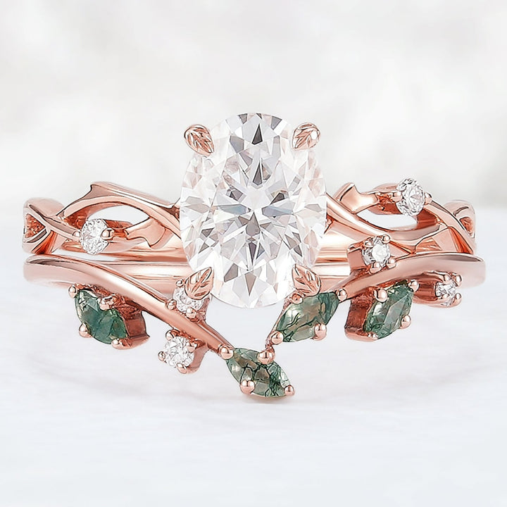 Nature Insipred Oval Cut Moissanite Leaf and Vine Engagement Ring Set 2pcs