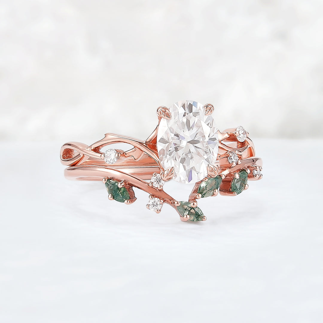 Nature Inspired Oval Cut Moissanite Leaf and Vine Ring Set 2pcs - Iver Jewelry