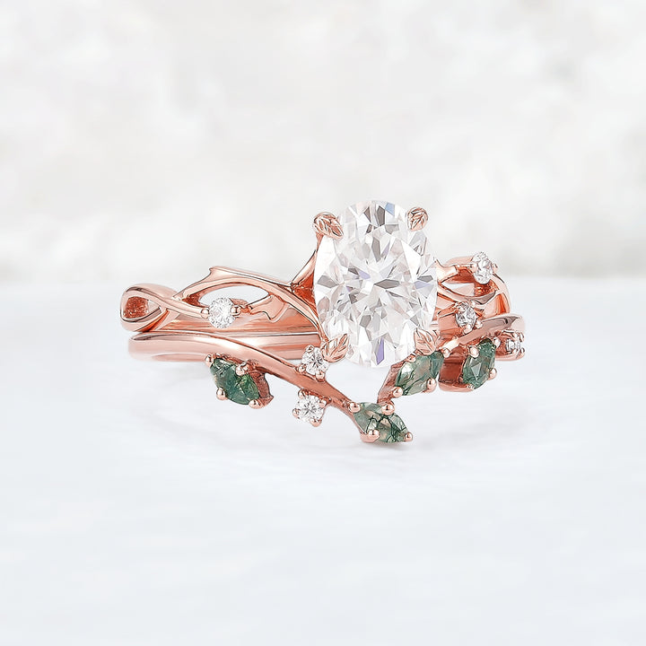 Nature Inspired Oval Cut Moissanite Leaf and Vine Ring Set 2pcs - Iver Jewelry
