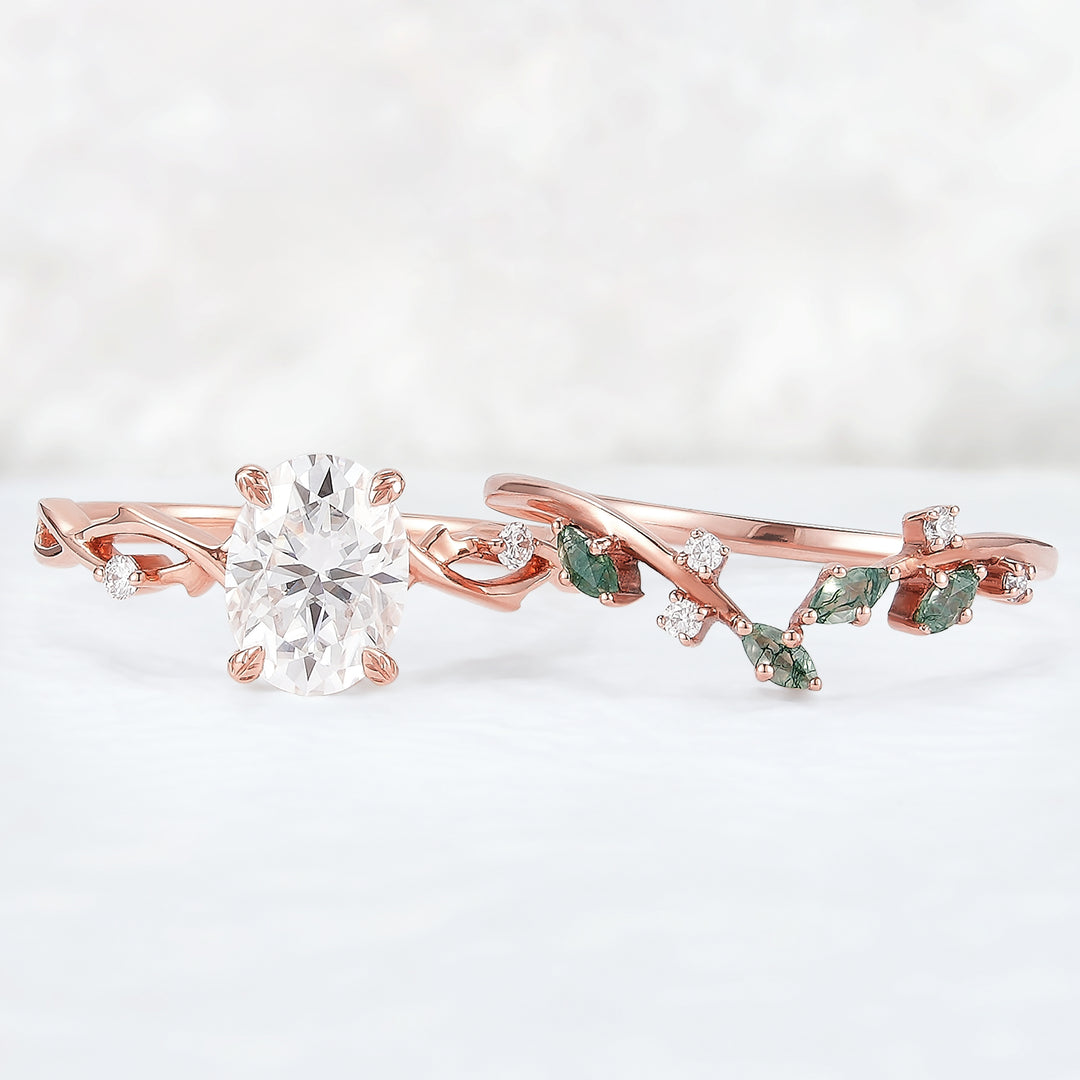 Nature Inspired Oval Cut Moissanite Leaf and Vine Ring Set 2pcs - Iver Jewelry