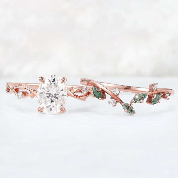 Nature Inspired Oval Cut Moissanite Leaf and Vine Ring Set 2pcs - Iver Jewelry