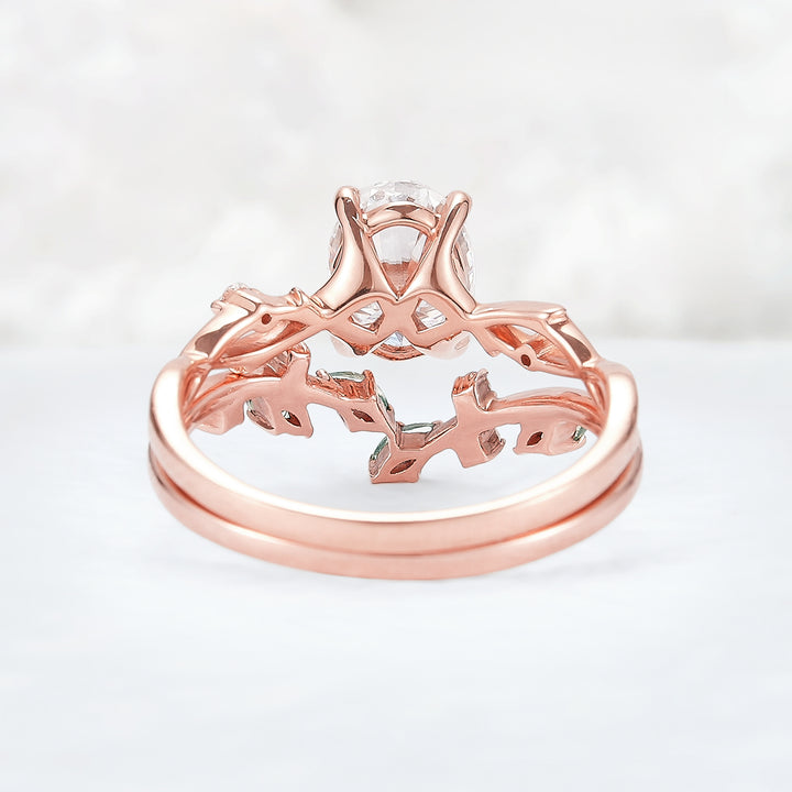Nature Inspired Oval Cut Moissanite Leaf and Vine Ring Set 2pcs - Iver Jewelry