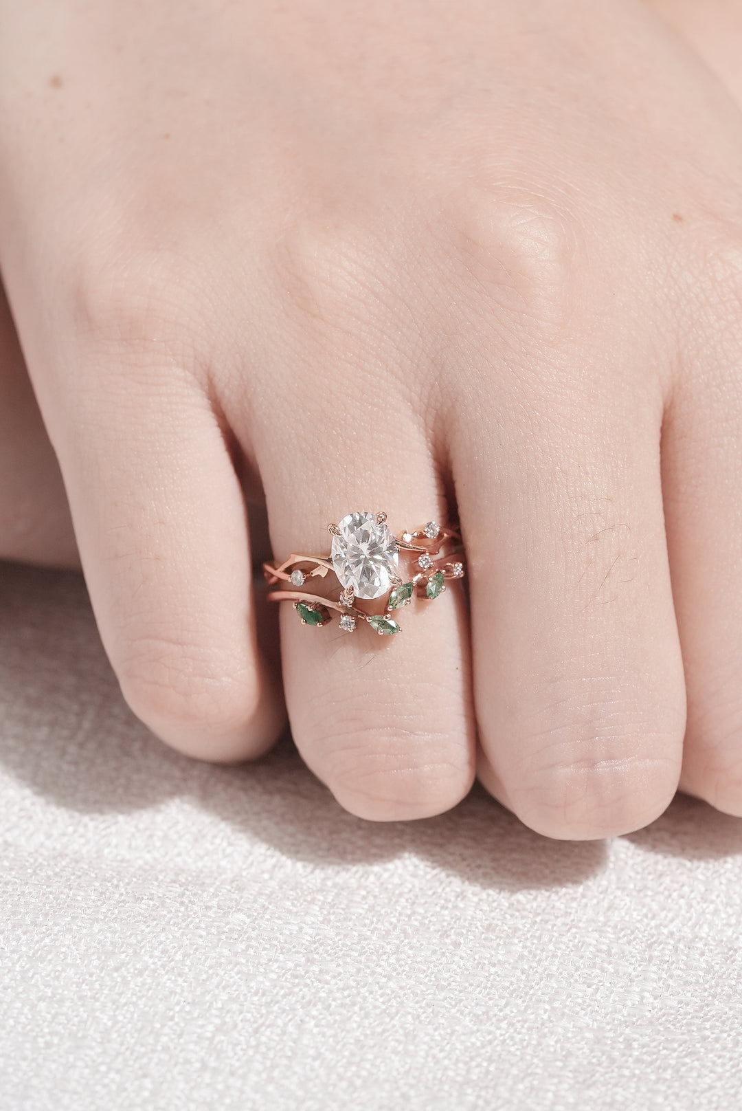 Nature Inspired Oval Cut Moissanite Leaf and Vine Ring Set 2pcs - Iver Jewelry