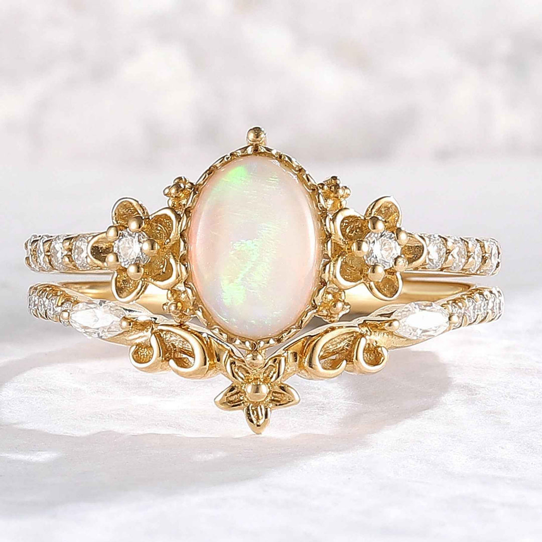 Nature Inspired Oval Shaped Opal Flora Ring 2pcs